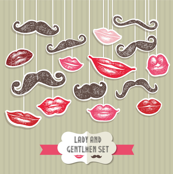 Αυτοκόλλητα συλλογή μουστάκια και τα χείλη.  - Διάνυσμα, εικόνα