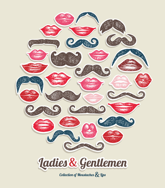 Stickers collection of moustaches and lips. - ベクター画像