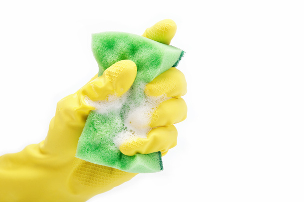 Hand with rubber glove and cleaning sponge on white background - Φωτογραφία, εικόνα