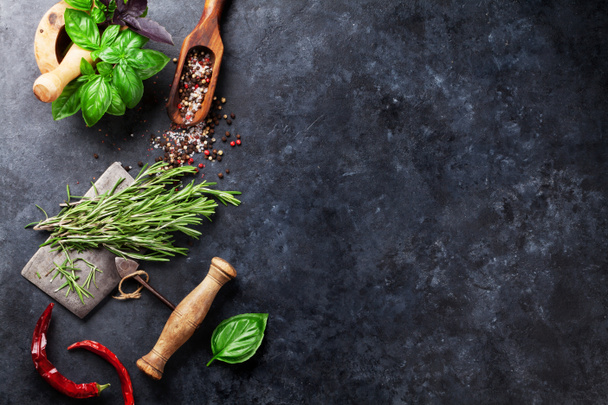 Herbs and spices on table - Φωτογραφία, εικόνα