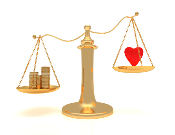 Heart and money on scales. Isolated 3D image - Photo, Image