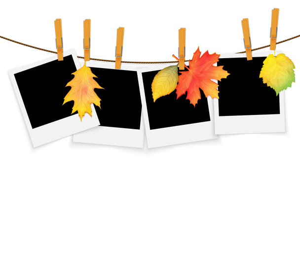 Fotolijsten op touw met wasknijpers en de herfst bladeren vector  - Vector, afbeelding