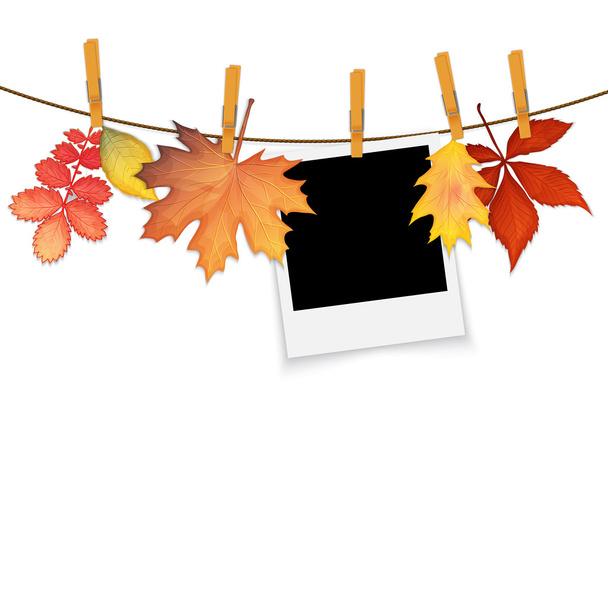 Photo frame on rope with clothespins and autumn leaves vector  - Vector, Image
