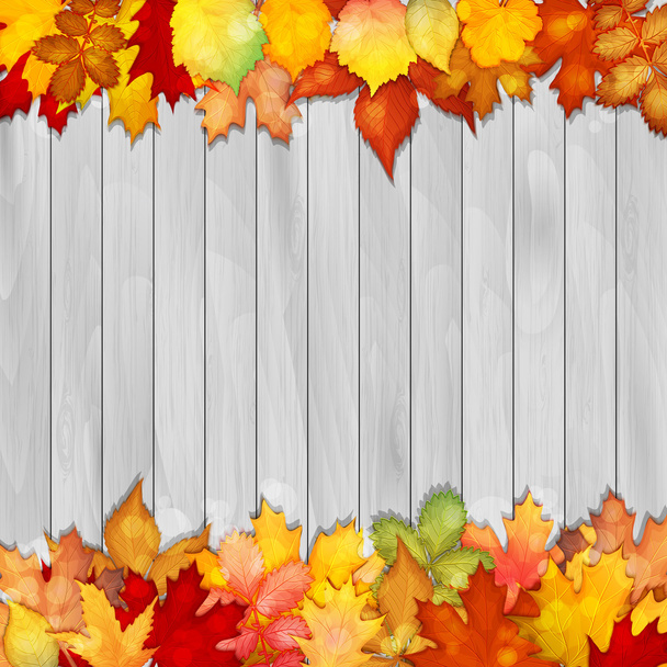 Barevné listí na dřevěné pozadí - Vektor, obrázek