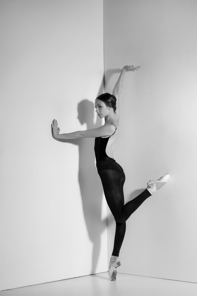 Ballerina in black outfit posing on pointe shoes, studio background. - Fotó, kép