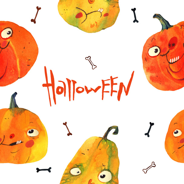 watercolor illustration, halloween cartoon pumpkin pattern - Photo, Image
