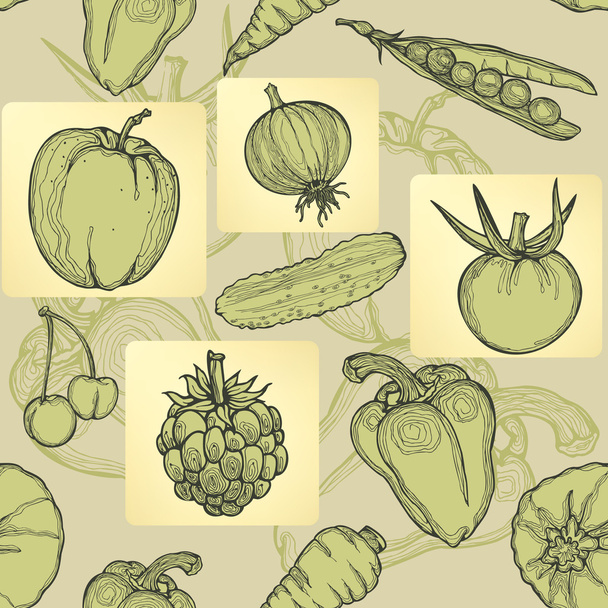 Seamless pattern of fruit, vegetables and berries. Hand drawing, vector illustration. - Vektor, Bild