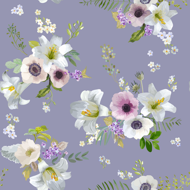 Vintage Lily and Anemone Flowers Background - Summer Seamless Pattern in Vector - Wektor, obraz