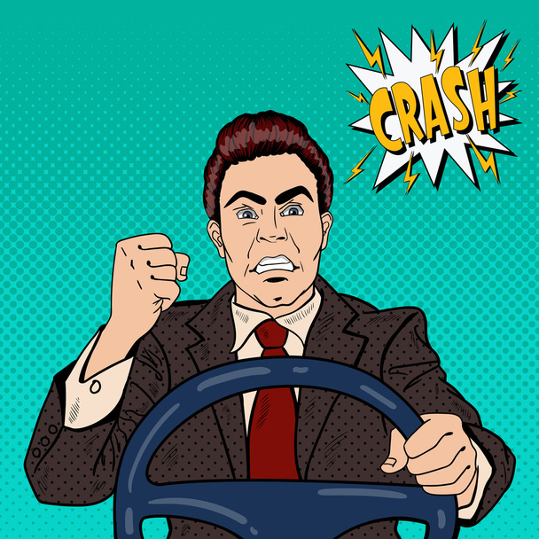 Dühös Driver Man mutatja ő Fist Road Rage. A pop art Vector illusztrációja - Vektor, kép