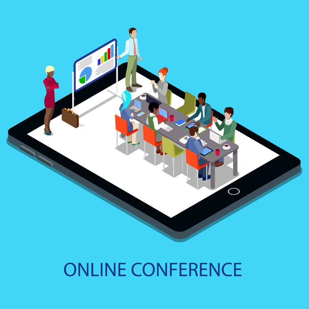 Conferenza Isometrica Online Business Presentation with People on the Tablet. Illustrazione vettoriale - Vettoriali, immagini