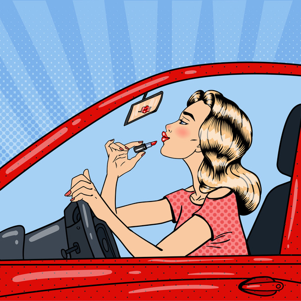 Όμορφη ξανθιά γυναίκα εφαρμογή κραγιόν ενώ οδηγείτε ένα αυτοκίνητο. Απεικόνιση διανυσματικής τέχνης pop art - Διάνυσμα, εικόνα