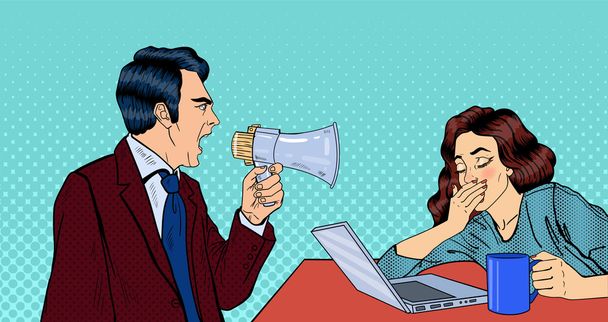 Angry Boss Screaming in Megaphone on the Woman in Office. Pop Art Vector illustration - Vector, Image