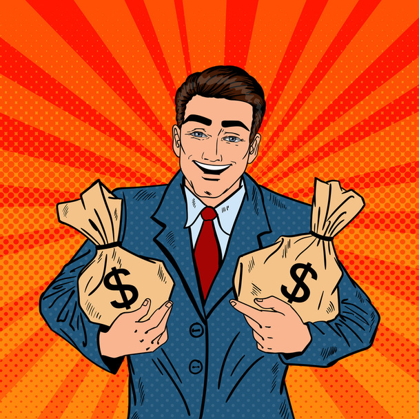 Un uomo d'affari sorridente che tiene le borse dei soldi. Illustrazione vettoriale Pop Art
 - Vettoriali, immagini