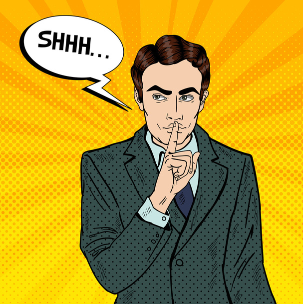 Businessman Silent Quite Gesture with Finger. Mystery Secret. Pop Art Vector illustration - Vector, Image