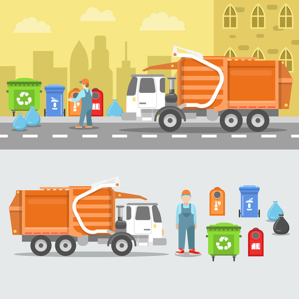 Recyklace odpadků s náklaďákem a kontejnery. Vektorová ilustrace - Vektor, obrázek
