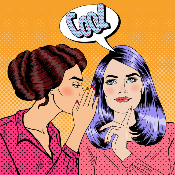 Jonge vrouw fluistert geheim tegen haar vriendin. Pop Art Vector illustratie - Vector, afbeelding