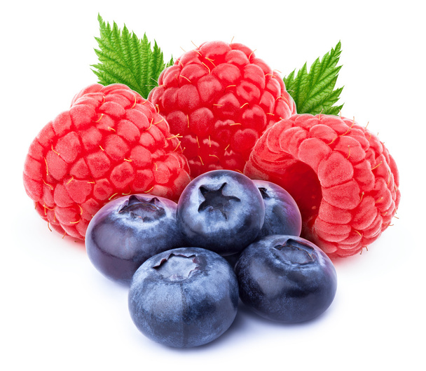 Three ripe raspberries and five blueberries isolated - 写真・画像