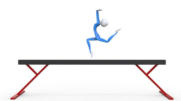 Ginasta olímpica no feixe de equilíbrio realizando um salto em anel
 - Foto, Imagem