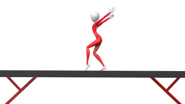 Olympische gymnast in rode outfit - Evenwichtsbalk routine - Foto, afbeelding