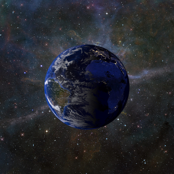 Sistema solar planeta Tierra en el fondo de la nebulosa 3d renderizado
. - Foto, Imagen