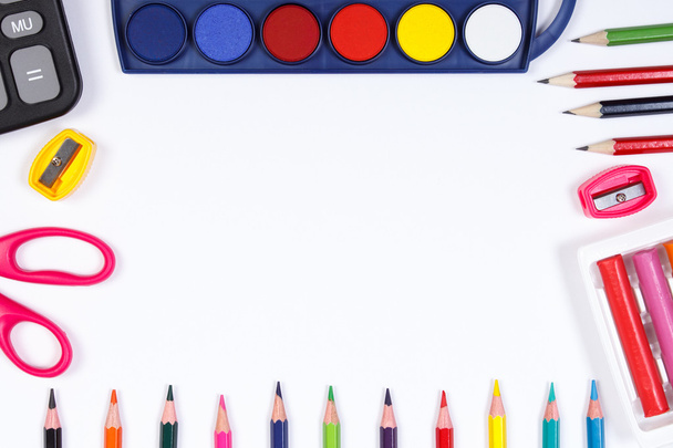 School accessories on white background, back to school concept, copy space for text - 写真・画像