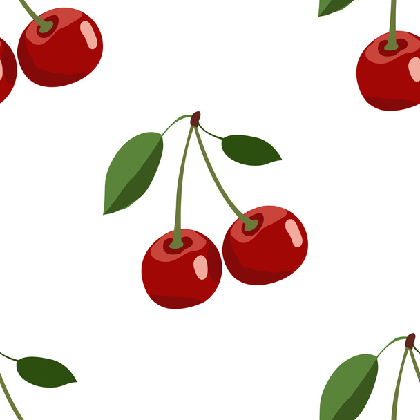 Patrón de cereza roja grande con hojas sobre fondo blanco
 - Vector, Imagen