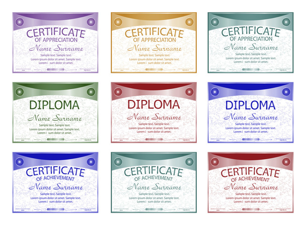 Diploma, certificate of appreciation, achievement. Set. Horizontal template. - Vector, Image