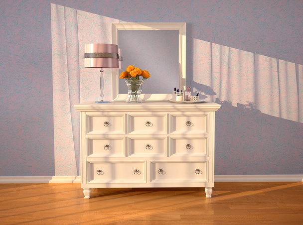 Commode blanche avec un miroir à l'intérieur. Illustration 3d
. - Photo, image