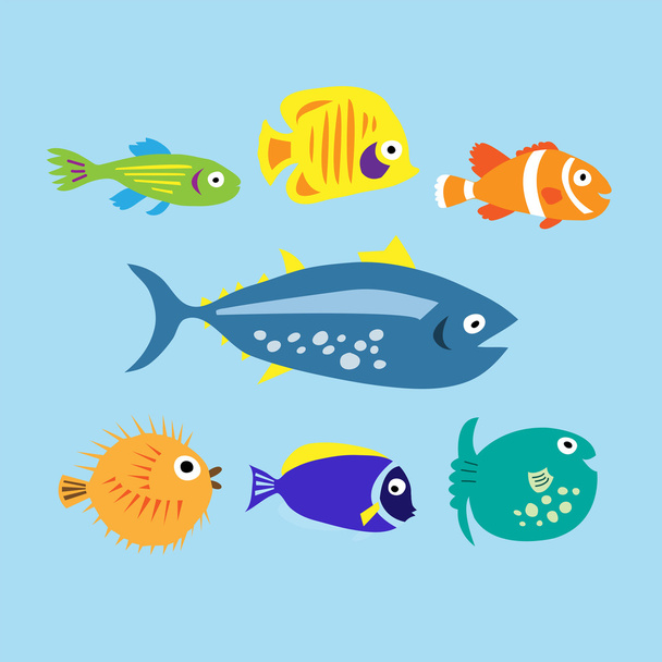 Set of cute cartoon colored marine fishes - Vector, Image