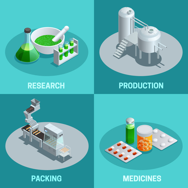 Isometric 2x2 Compositions Pharmaceutical Production - Vector, Image