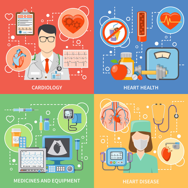 Cardiology Flat 2x2 ikony zestaw - Wektor, obraz