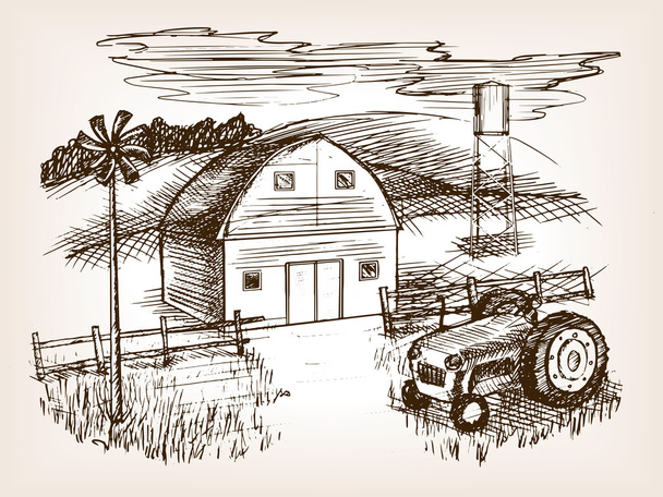 Çiftlik manzara sketch vektör çizim - Vektör, Görsel