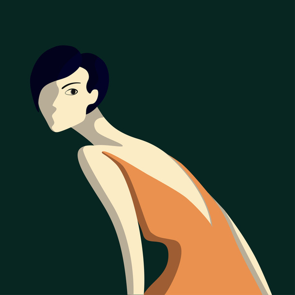 Beautiful young woman with blue bob hairstyle and elegant dress. Dark colors - Vector, Image