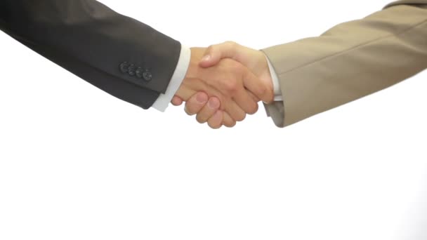 Un apretón de manos de negocios con fondo blanco, dos hombres se dan la mano
 - Metraje, vídeo