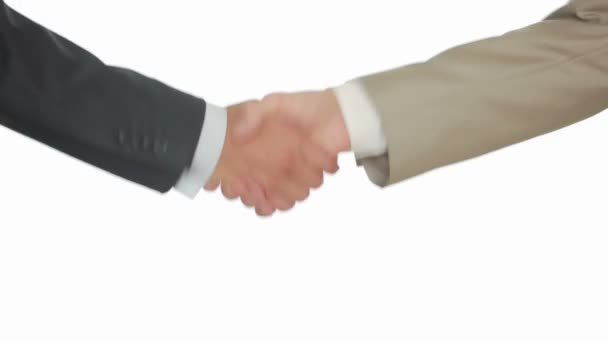 De handdruk van een bedrijf met witte achtergrond, twee mannen handen schudden - Video