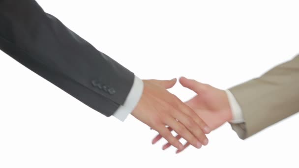 De handdruk van een bedrijf met witte achtergrond, twee mannen handen schudden - Video