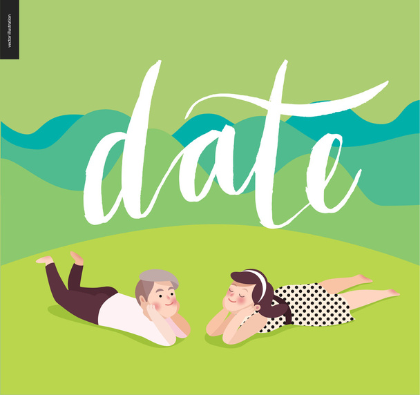 Date calligraphy and a young couple - Vector, Image