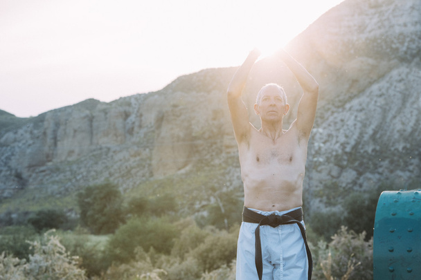 Älterer Mann praktiziert Kampfkunst - Foto, Bild