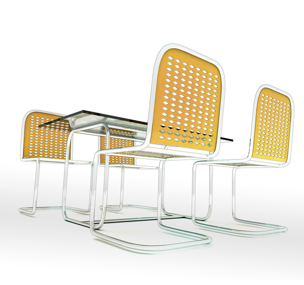 Escritorio de mesa de vidrio con cuatro sillas metálicas de tubo brillante
 - Foto, Imagen