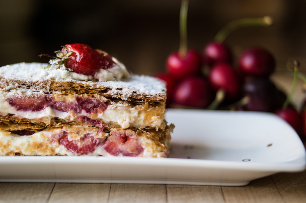 strawberry puff mille-feuille with cherry - Foto, Imagem