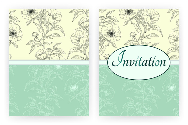 Peonies template for flyer, banner, brochure, invitation, placard, poster. Floral background with peonies. Vintage greeting card with blooming flowers. Vector illustration. - ベクター画像