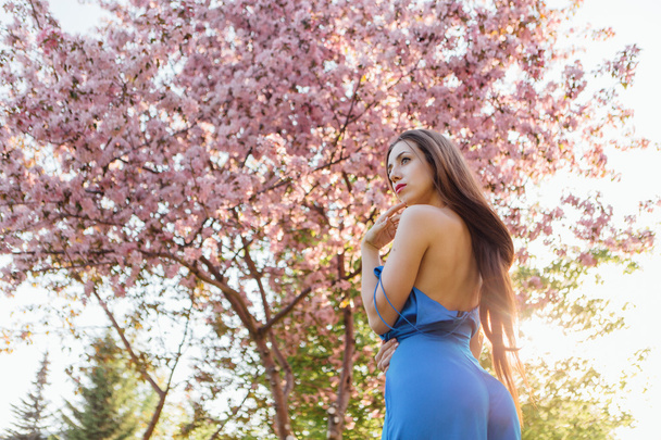 Beautiful young woman standing near the apple tree. - Fotografie, Obrázek
