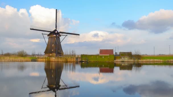 Nederlandse windmolens bij zonsondergang in de beroemde kinderdijk, Nederland - Video