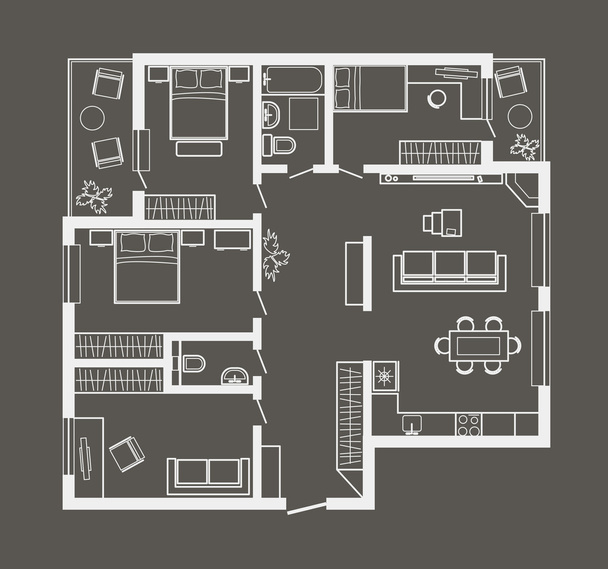 σχέδιο γραμμικό αρχιτεκτονικό σκίτσο διαμέρισμα τεσσάρων υπνοδωματίων σε γκρίζο φόντο - Διάνυσμα, εικόνα
