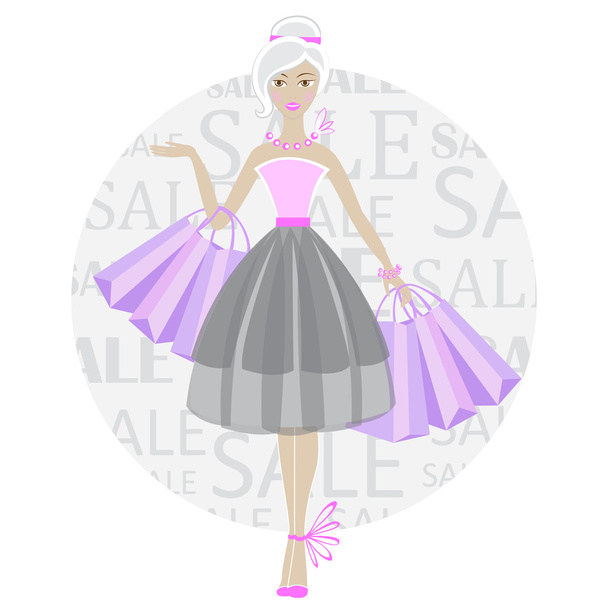 Romantic woman with purchases in her hands. Sale - Vector, Image