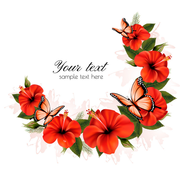 Holiday background with red beauty flowers and butterflies. Vect - Vektor, Bild