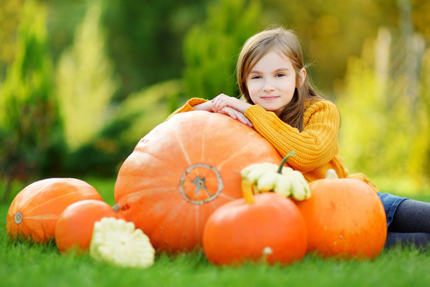 Adorable little girl on pumpkin patch - Fotografie, Obrázek