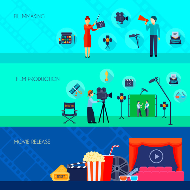 Filmmaking Movie Release 3 Flat Banners - Vector, Image