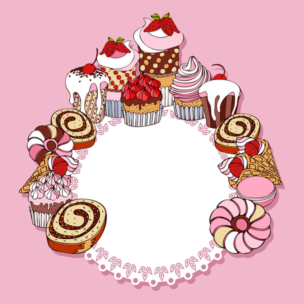 Retro card background with cakes, vintage frame, Invitation, greeting with cupcakes for design - Vector, Image