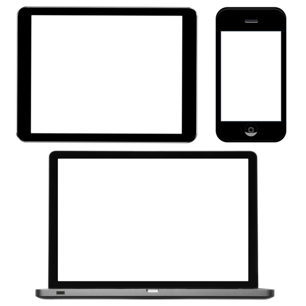 ラップトップ、デジタル タブレットと空白の画面を持つ携帯電話 - 写真・画像